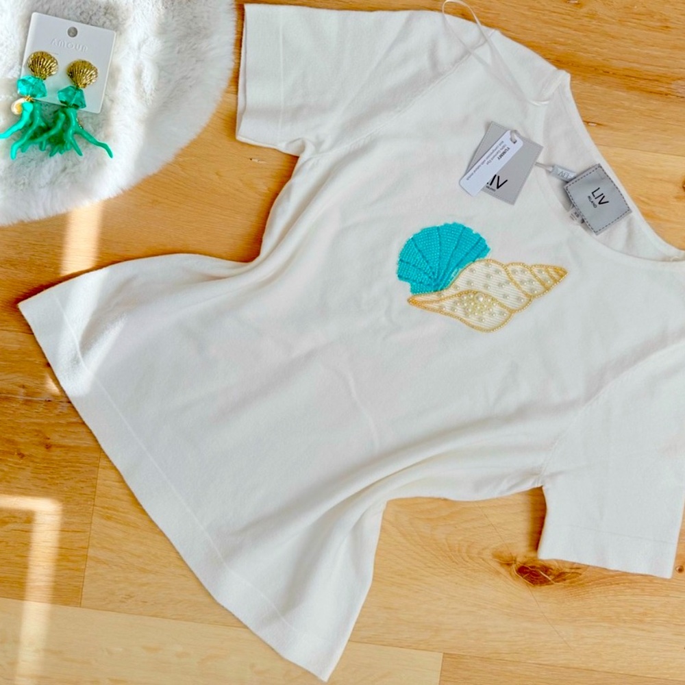 New LIV milano White Tee with Seashell Embroidery